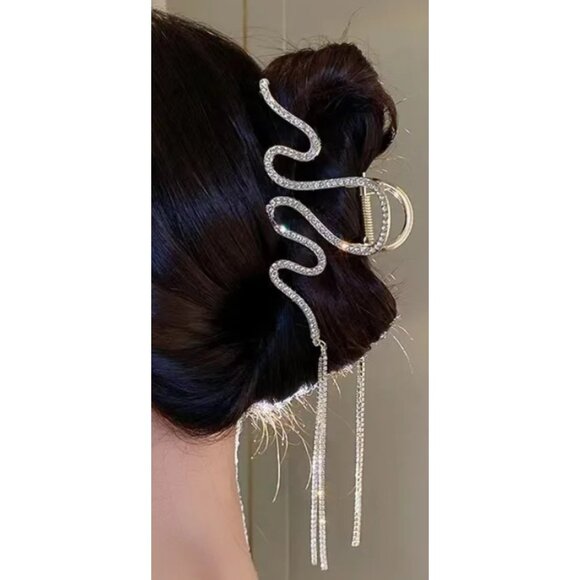 Rhinestone Accessories - Rhinestone Geometric Chain Tassel Headband & Hair Claw Clip Elegant Crystal